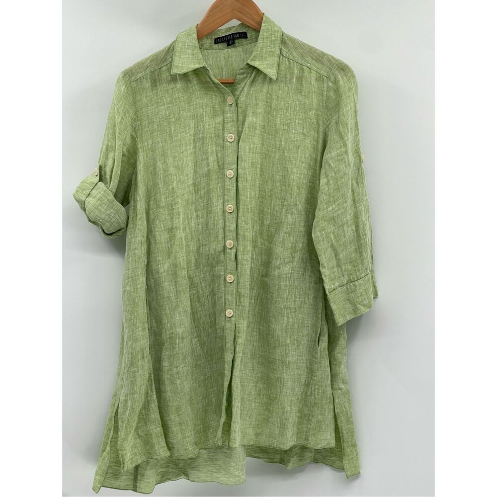 Lafayette 148 Linen Tunic Top Shirt Button Down Women 6 Green Collar Oversized - Picture 2 of 12